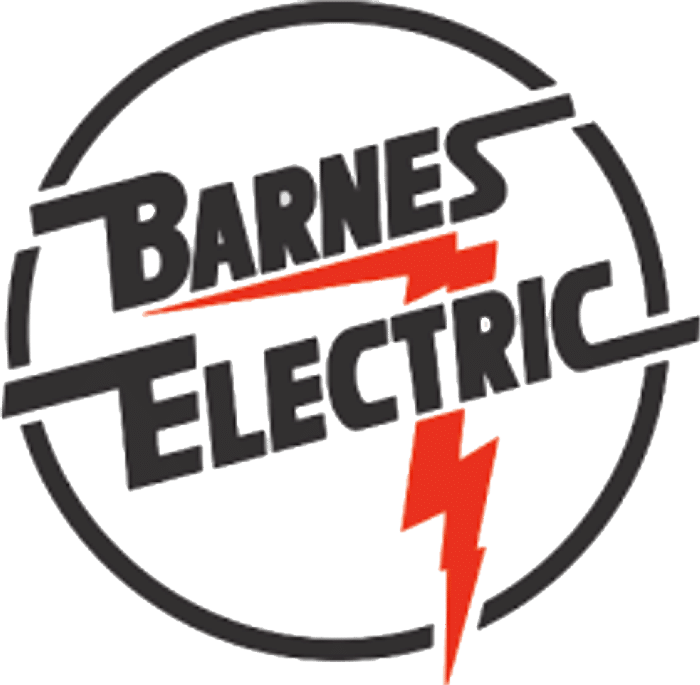 Barnes-Electric-Logo Logo featuring "Barnes Electric" in bold black letters inside a black circle. A red lightning bolt runs diagonally through the text, adding a dynamic energy element to the design.