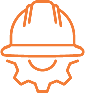 An orange line icon of a hard hat resting on top of a gear. The hard hat represents safety, and the gear symbolizes engineering or mechanical work.