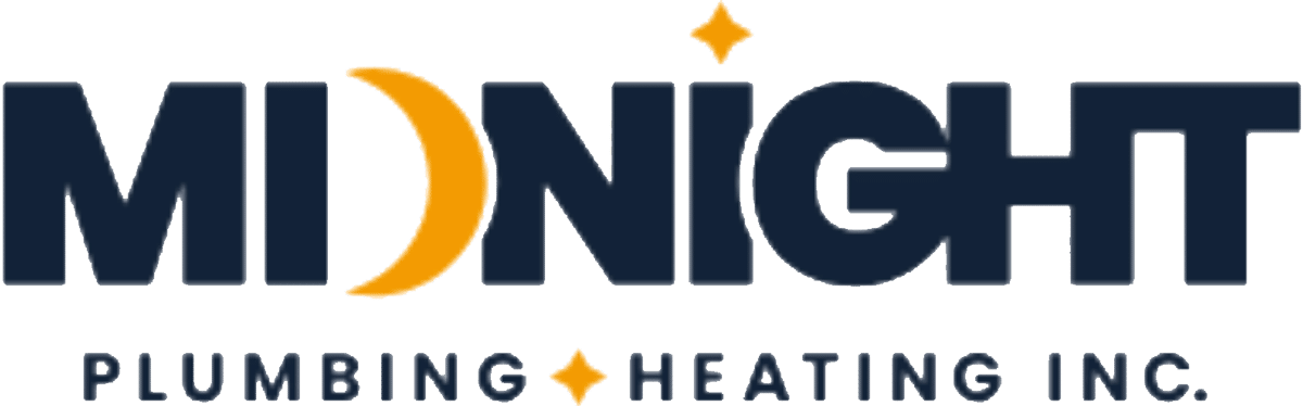 Midnight-Plumbing-Heating-Logo Logo for Midnight Plumbing Heating Inc. featuring the word "Midnight" in dark blue, with a crescent moon forming part of the "M" and small stars dotting the "I" and the background. The text "Plumbing Heating Inc." is below in smaller font.