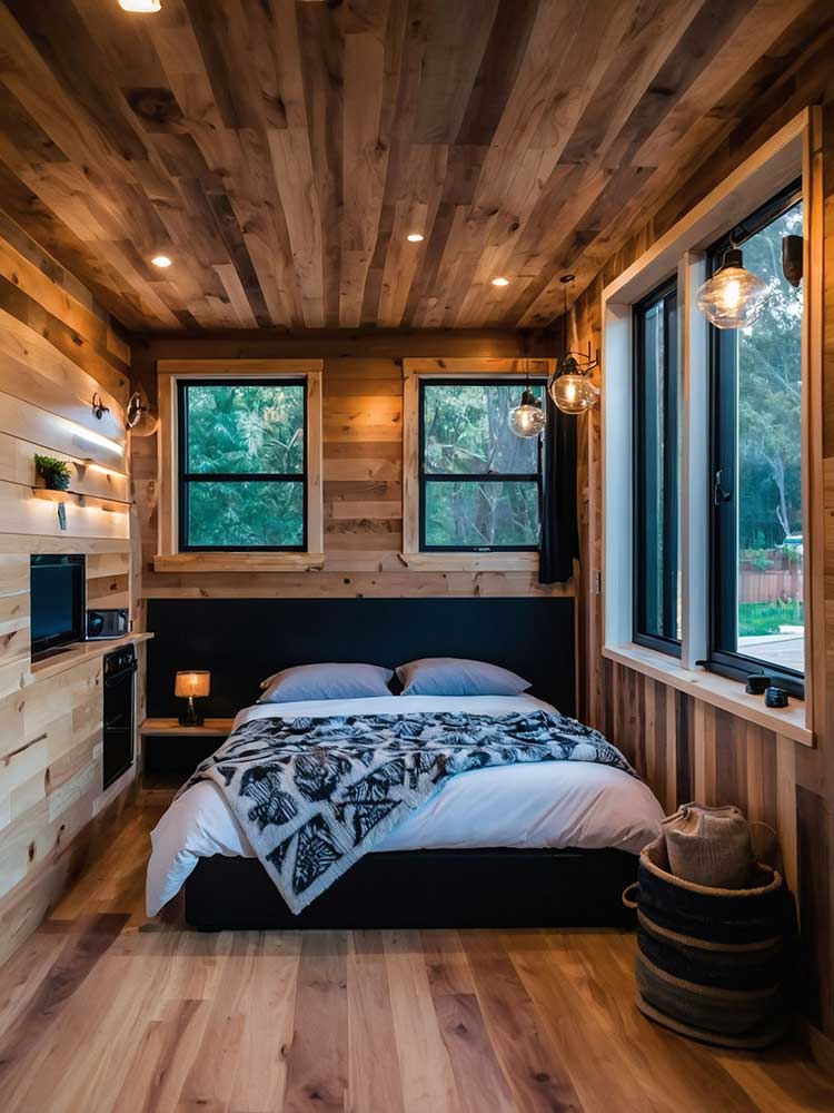 A cozy bedroom with wooden walls and ceiling. A double bed with white and patterned bedding is placed by a wall with two windows. Industrial-style pendant lights hang above, and a small TV is mounted on the left. A couple of baskets sit near the window.