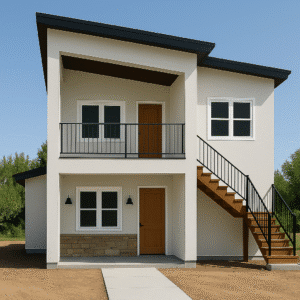 A modern two-story house with white walls, a slanted black roof, two wooden doors, an exterior staircase leading to the upper level, and a small balcony. There is a paved walkway and dirt yard, with greenery in the background.
