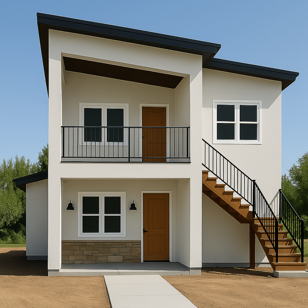 A modern two-story house with white walls, a slanted black roof, two wooden doors, an exterior staircase leading to the upper level, and a small balcony. There is a paved walkway and dirt yard, with greenery in the background.