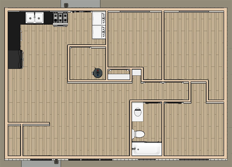 Giro-Dollhouse-03 A digital floor plan features a kitchen in the upper left corner, a bathroom with a tub and toilet on the lower right, and several rooms and hallways with wood flooring throughout.
