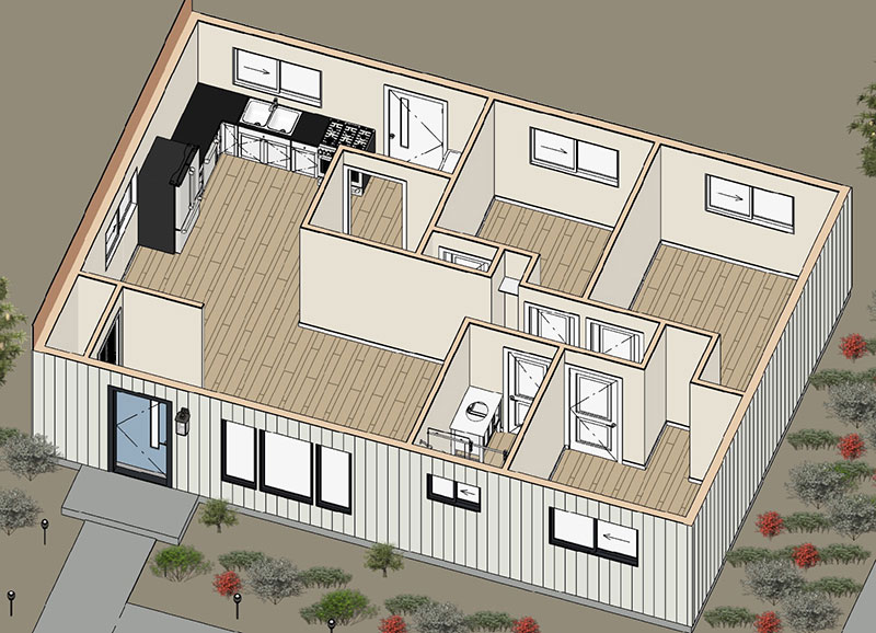 Giro-Dollhouse-04 Isometric view of a one-story house floor plan showing a kitchen, living area, bathroom, and multiple bedrooms with wood flooring and several windows. Shrubs and a walkway are outside the house.