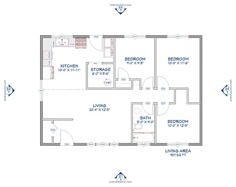 Giro-Floorplans-02 A floor plan of a home showing a kitchen, living area, bathroom, storage room, and three bedrooms. Room dimensions and labels are included, with doors and windows marked. The living area is 931 sq. ft.
