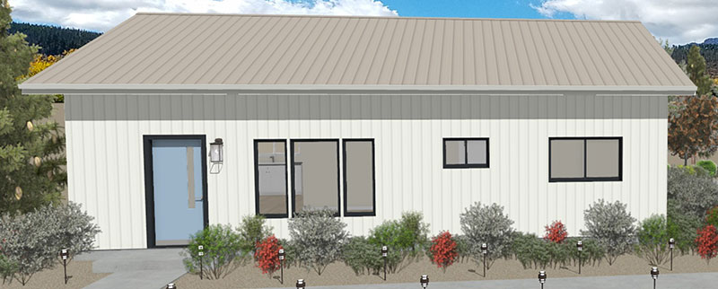 Giro-Front-Elevation-02 A modern, single-story house with a metal roof and light vertical siding, featuring a blue front door, three windows, and a landscaped front yard with shrubs and pathway lights.