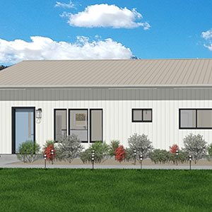 A modern, single-story house with a light gray metal roof and white siding, featuring black-trimmed windows and a blue door, surrounded by shrubs and red plants under a bright blue sky with scattered clouds.