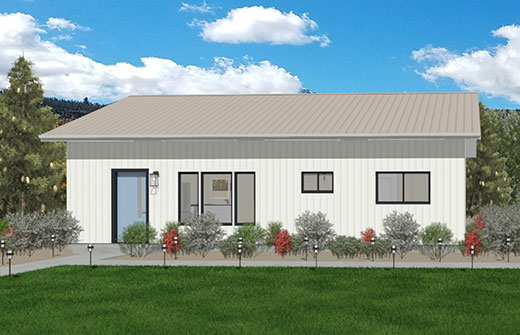 Giro-Main-Image-520x335-02 A small, modern white house with a metal roof, blue front door, and rectangular windows. Shrubs and red plants line the walkway, with a green lawn and trees in the background under a partly cloudy sky.