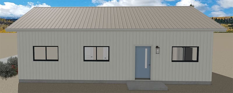 Giro-Rear-Elevation-02 A simple, single-story house with light vertical siding, a metal gable roof, three rectangular windows, a blue front door with a glass panel, and a wall-mounted light next to the door.