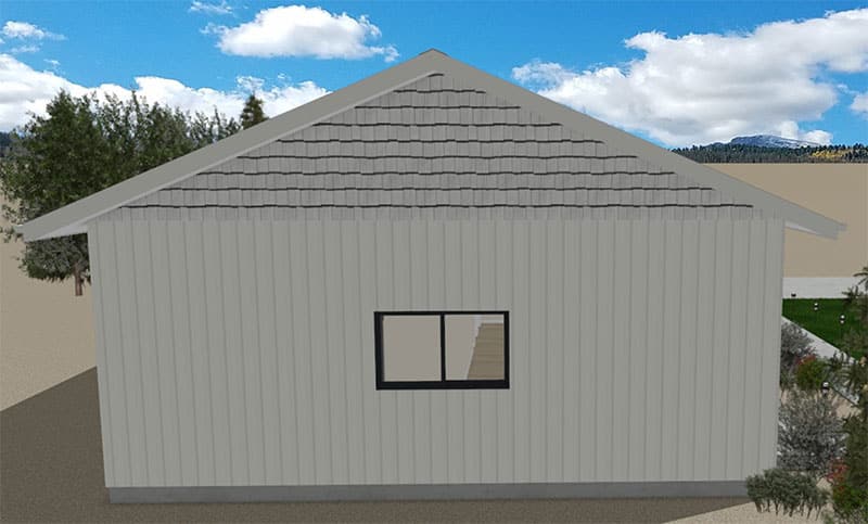 Giro-Right-Elevation-02 A white building with vertical siding and a gable roof is shown. There is one rectangular window with a black frame in the center. Trees, grass, and a partly cloudy sky are in the background.