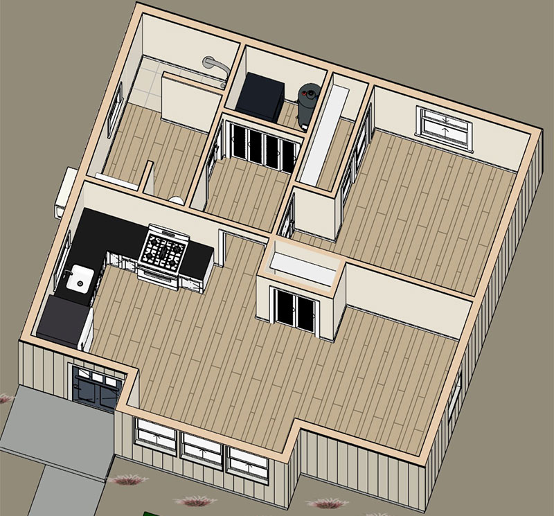 Holiday-ADU-Dollhouse-01 3D floor plan of a single-story house showing a kitchen, living area, two bedrooms, a bathroom, large windows, light wood floors, and doors connecting the rooms, with an exterior entrance path visible.