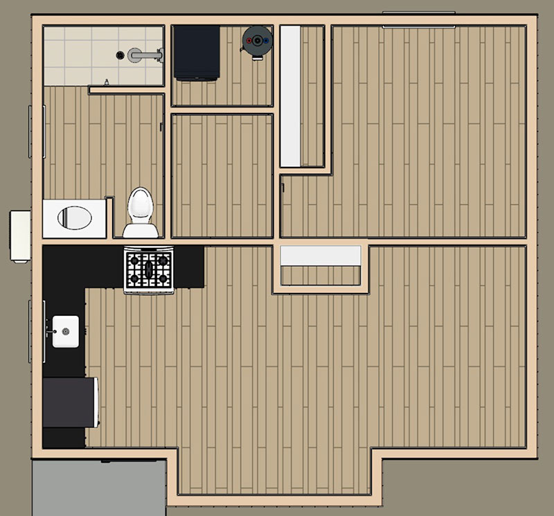 Holiday-ADU-Dollhouse-02 Floor plan of a small apartment with a bathroom, kitchen, and open living area. The bathroom has a toilet and sink; the kitchen has a stove and sink. There is sparse furniture and wood flooring throughout.