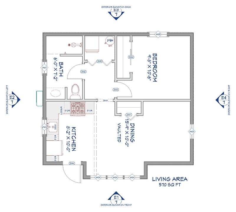 Holiday-ADU-Floorplan Floor plan of a 570 sq ft living area featuring a bedroom, bathroom, kitchen, dining, and living room. Main entrance leads to the kitchen; spaces are labeled with measurements. Doors, windows, and fixtures are visible.