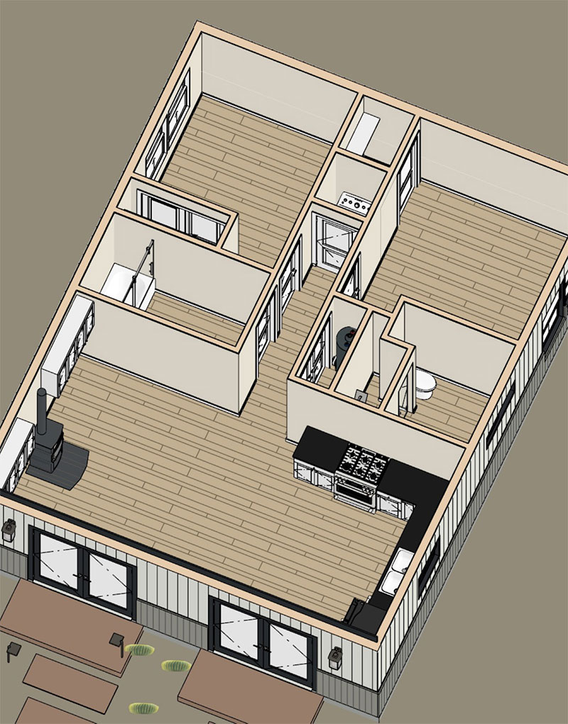 Icarus-ADU-Dollhouse-02 3D floor plan of a single-story accessory dwelling unit showing an open living area, kitchen, bathroom, bedroom, and laundry room, with large windows and doors along one wall leading outside.