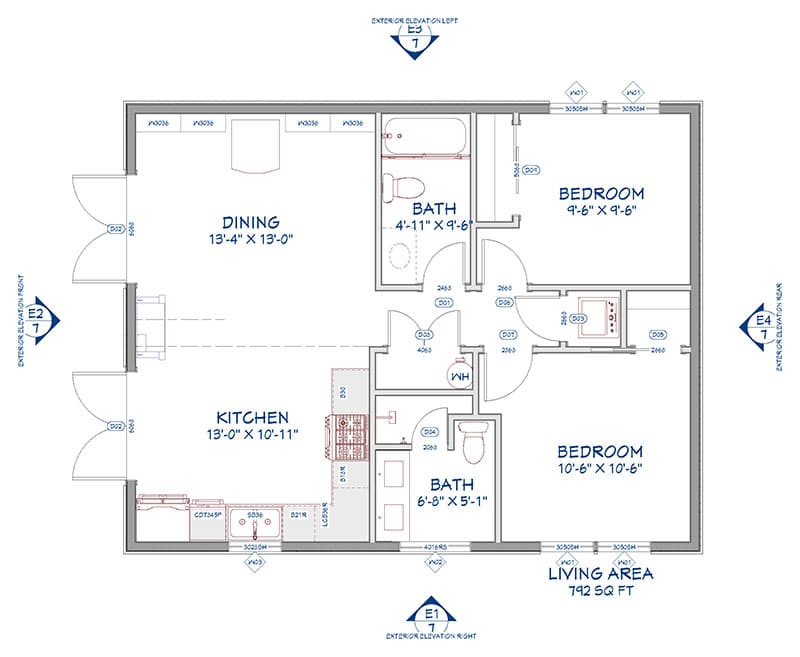 Icarus-ADU-Floorplan Floor plan of a two-bedroom, two-bathroom ADU with kitchen, dining, and living areas, totaling 792 square feet. Rooms and measurements are labeled, and doors, windows, and appliances are shown.