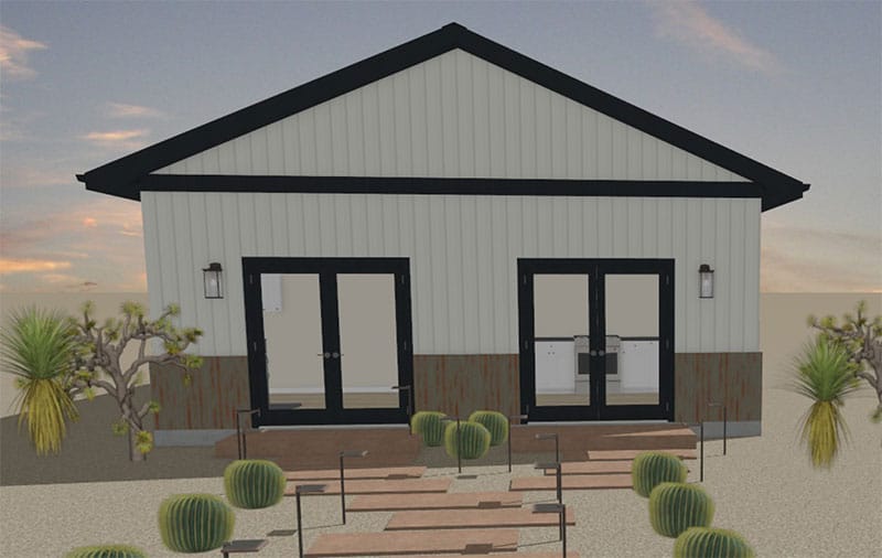 Icarus-ADU-Front-Elevation A modern, single-story ADU with light vertical siding, black trim, and two sets of double glass doors. The landscape features cacti, desert plants, and stepping stones under a partly cloudy sky.