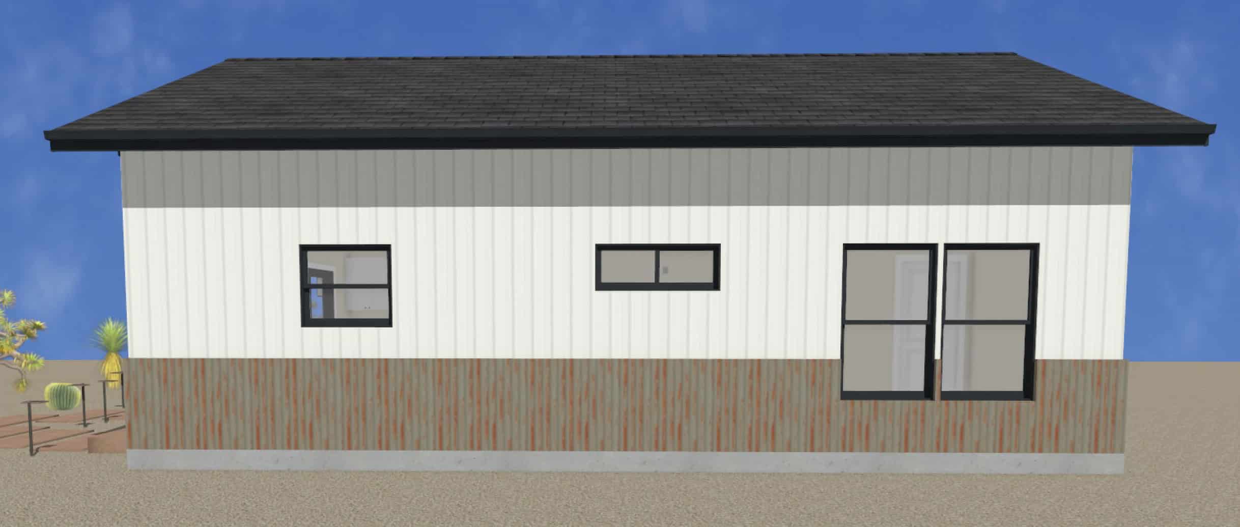 Icarus-ADU-Left-Elevation A modern single-story ADU with a sloped black roof, gray and white vertical siding, two rectangular windows, and a glass double door. The ground is gravel, with desert plants visible to the left.