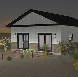 A small, modern accessory dwelling unit with white and wood panel exterior, double glass doors, outdoor lights, and desert landscaping featuring cacti and small trees at dusk.