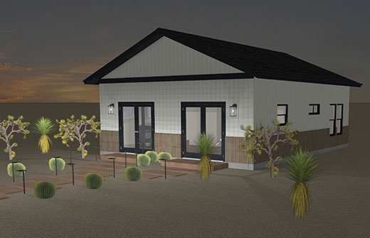 Icarus-ADU-Main-Image-520x335 A small modern accessory dwelling unit with a dark roof at dusk, two front doors, exterior lights on, and a landscaped yard featuring cacti, shrubs, and path lights.