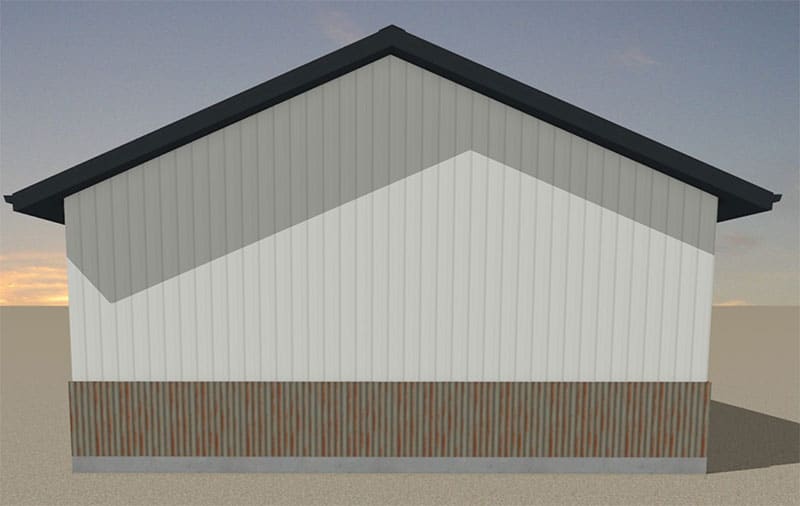 Icarus-ADU-Rear-Elevation An ADU with a peaked black roof, white vertical siding, and a lower section of brown corrugated panels stands on a flat, sandy ground under a partly cloudy sky at sunset.