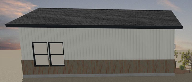 Icarus-ADU-Right-Elevation A small, single-story ADU with vertical white siding, a dark shingled roof, two black-trimmed windows on the left, and a mix of metal and wood panels along the bottom. Some greenery is visible on the right.