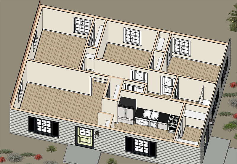 Juno-ADU-Dollhouse-02 A 3D floor plan of an accessory dwelling unit showing four rooms, a kitchen with appliances, and a small entryway. The house features wood flooring and multiple windows in each room. Some landscaping is visible outside.