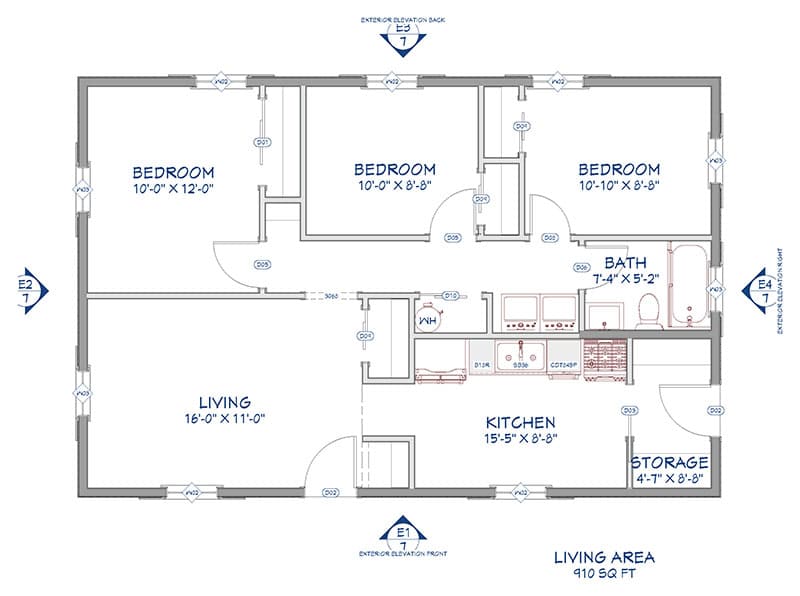 Juno-ADU-Floorplan Blueprint floor plan of a single-story ADU showing three bedrooms, one bathroom, a living area, kitchen, and storage. Room dimensions and entry points are labeled. The total living area is 1100 square feet.