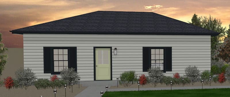 Juno-ADU-Front-Elevation A small, single-story accessory dwelling unit with light-colored horizontal siding, a dark hip roof, black window shutters, a central door, and landscaped bushes and pathway lights lining the walkway to the entrance.