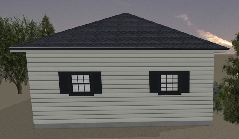 Juno-ADU-Left-Elevation A small, light gray ADU with dark shingles and two windows with black shutters on one side, surrounded by trees and a cloudy sky in the background.