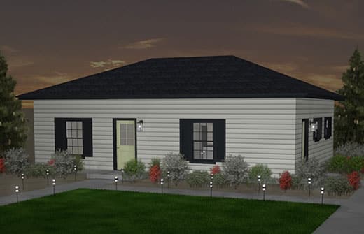 Juno-ADU-Main-Image-520x335 Single-story A small, single-story accessory dwelling unit with white siding, black shutters, and a dark roof, surrounded by shrubs and a green lawn, is shown at dusk with a lit porch light. with gray siding, black shutters, and a dark roof, seen at dusk. The yard features green grass, landscaping with bushes, and pathway lights lining the entrance walkway.