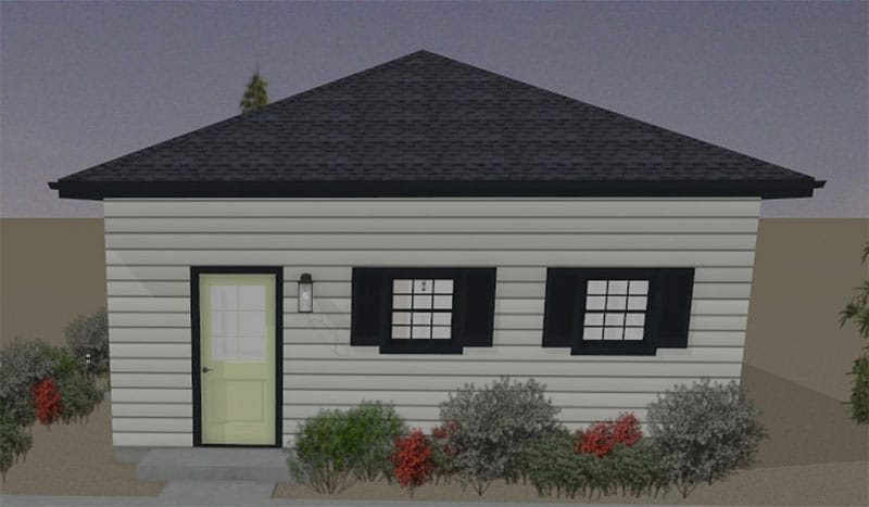 Juno-ADU-Right-Elevation A small, single-story accessory dwelling unit with light-colored siding, black roof, two front windows with black shutters, a pale green door, and shrubs with some red foliage in the front yard.