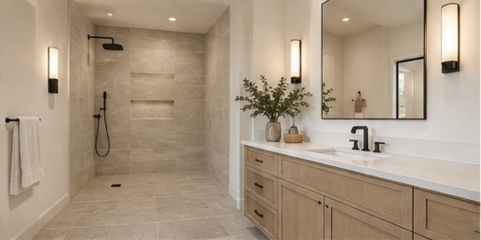 Bathroom with a curbless walk-in tile shower, a handheld shower head and a long light-wood vanity with black fixtures