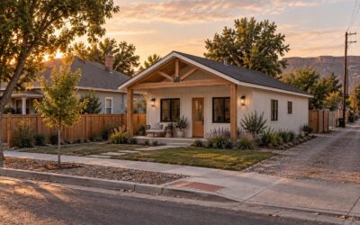 Single-story white cottage with a timber-framed covered porch beside a gravel alley at sunset, with mesa cliffs on the horizon