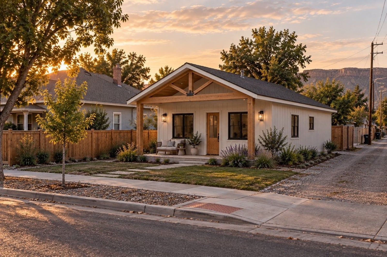 Single-story white cottage with a timber-framed covered porch beside a gravel alley at sunset, with mesa cliffs on the horizon
