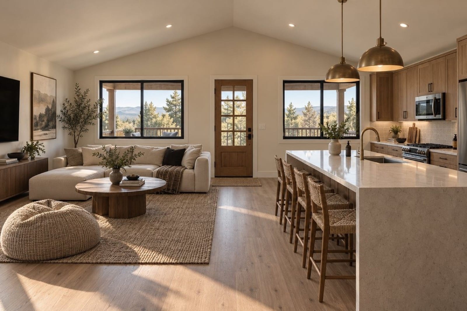 Kitchen island with a brass faucet and woven stools beside a living room with a vaulted ceiling and windows looking out to trees