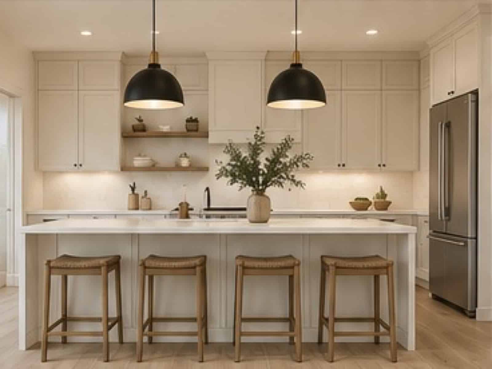 Kitchen with cream shaker cabinets, a white island with four woven stools, black pendant lights and a stainless refrigerator