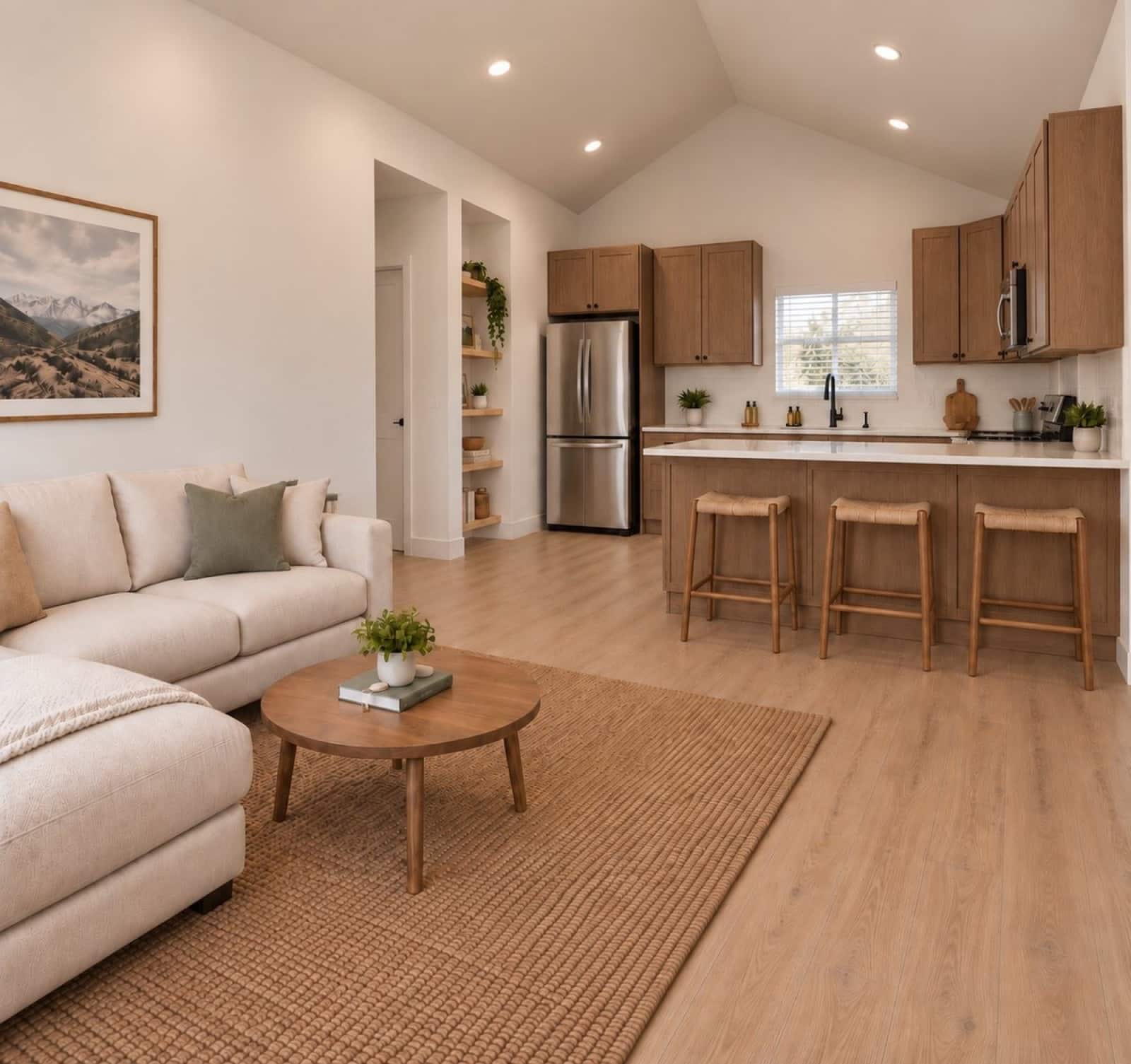Living area with a cream sectional and round wood coffee table looking toward a kitchen with wood cabinets, a stainless refrigerator and three counter stools