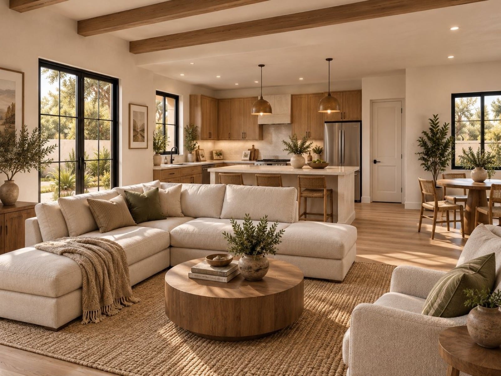 Living room with a cream sectional on a jute rug, wood ceiling beams and black-framed windows, opening to a kitchen and dining area