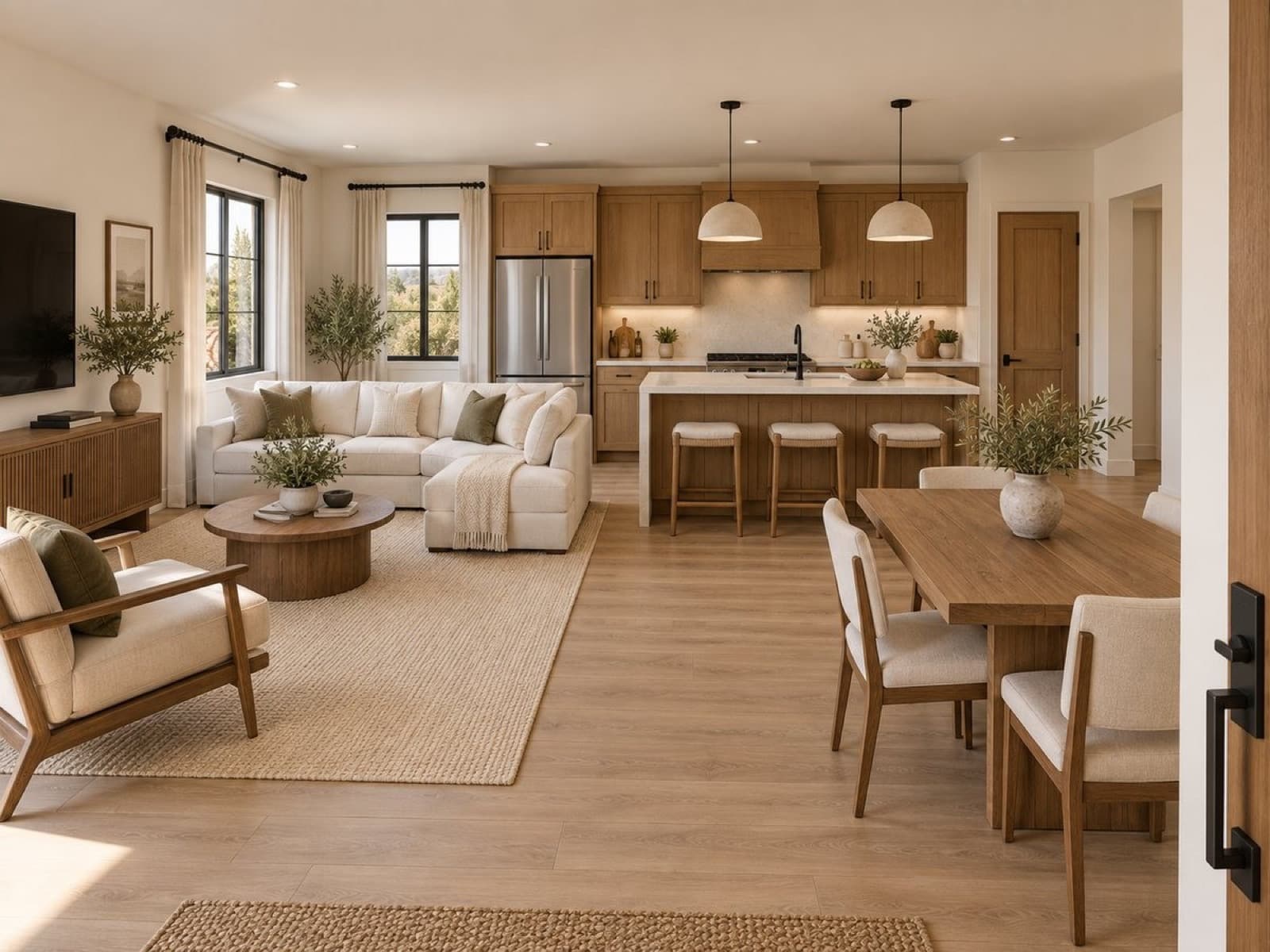 Open living, dining and kitchen area with a cream sectional, a wood dining table and a kitchen island under two white pendant lights