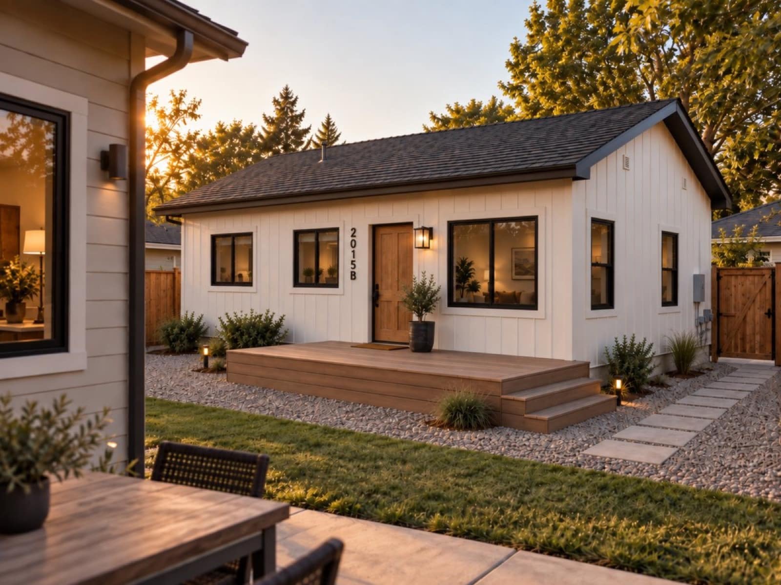 Small white board-and-batten cottage with a wood front door, a low wood deck and gravel landscaping, seen from the patio of the main house in Grand Junction