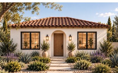 White stucco cottage with a tile roof and an arched wood front door, framed by lavender, agave and potted olive trees