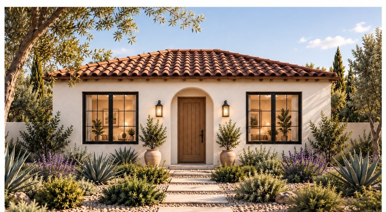 Grand Junction ADU – stucco cottage with arched doorway White stucco cottage with a tile roof and an arched wood front door, framed by lavender, agave and potted olive trees