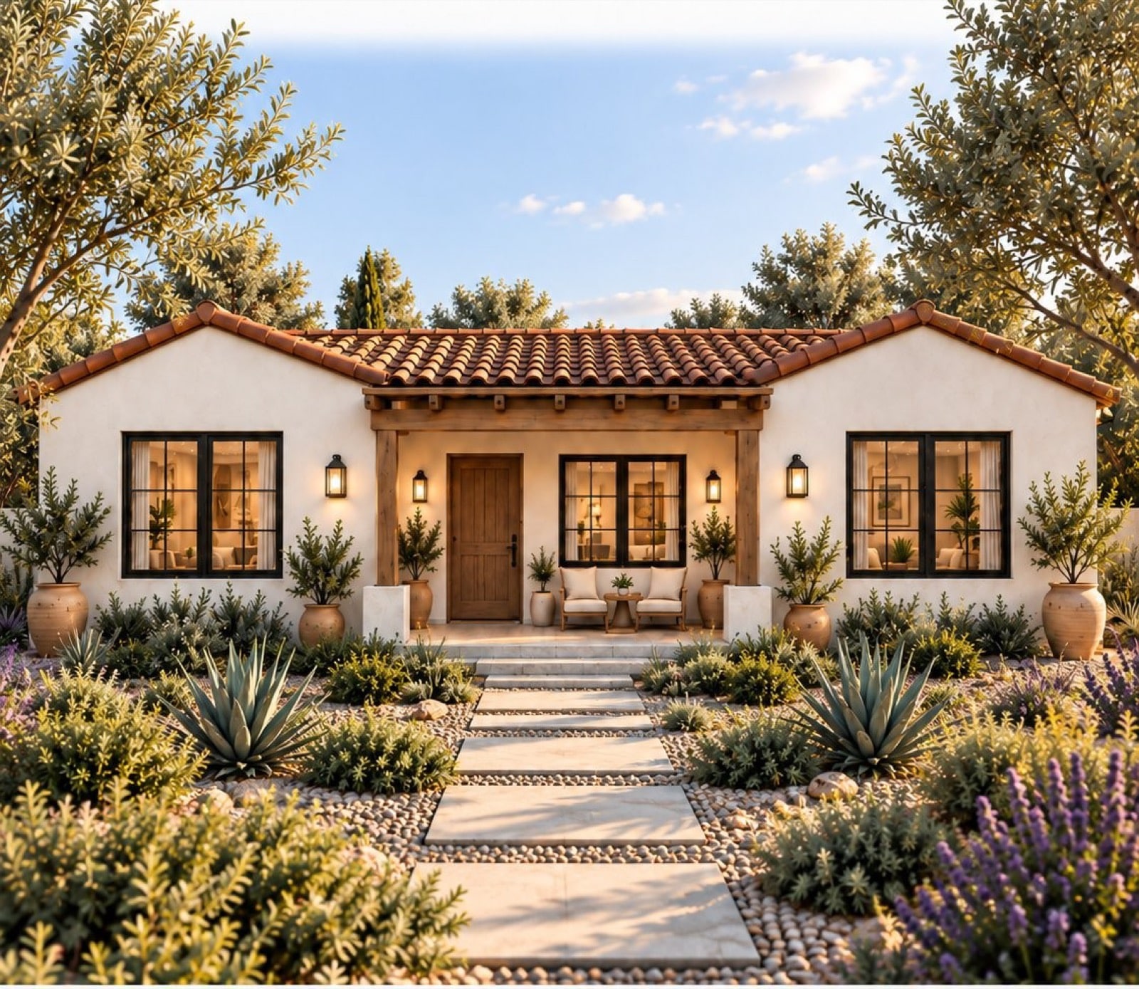 Single-story white stucco cottage with a red tile roof, a covered wood-beam porch and a stone path through lavender and agave