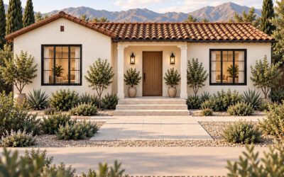 Stucco cottage with a red tile roof and a columned entry porch, with a mountain range rising behind it