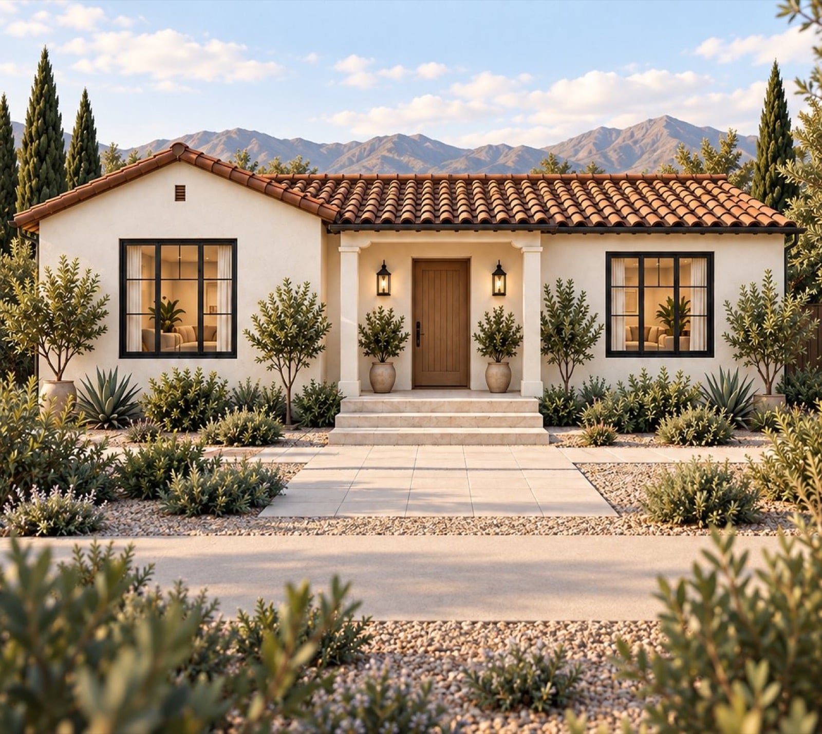 Grand Junction ADU – stucco cottage with mountain backdrop Stucco cottage with a red tile roof and a columned entry porch, with a mountain range rising behind it