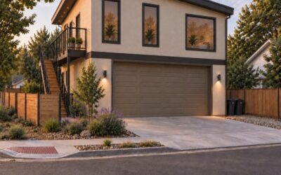 Two-story stucco unit over a single-car garage, with an exterior wood stair to a small balcony and a concrete driveway