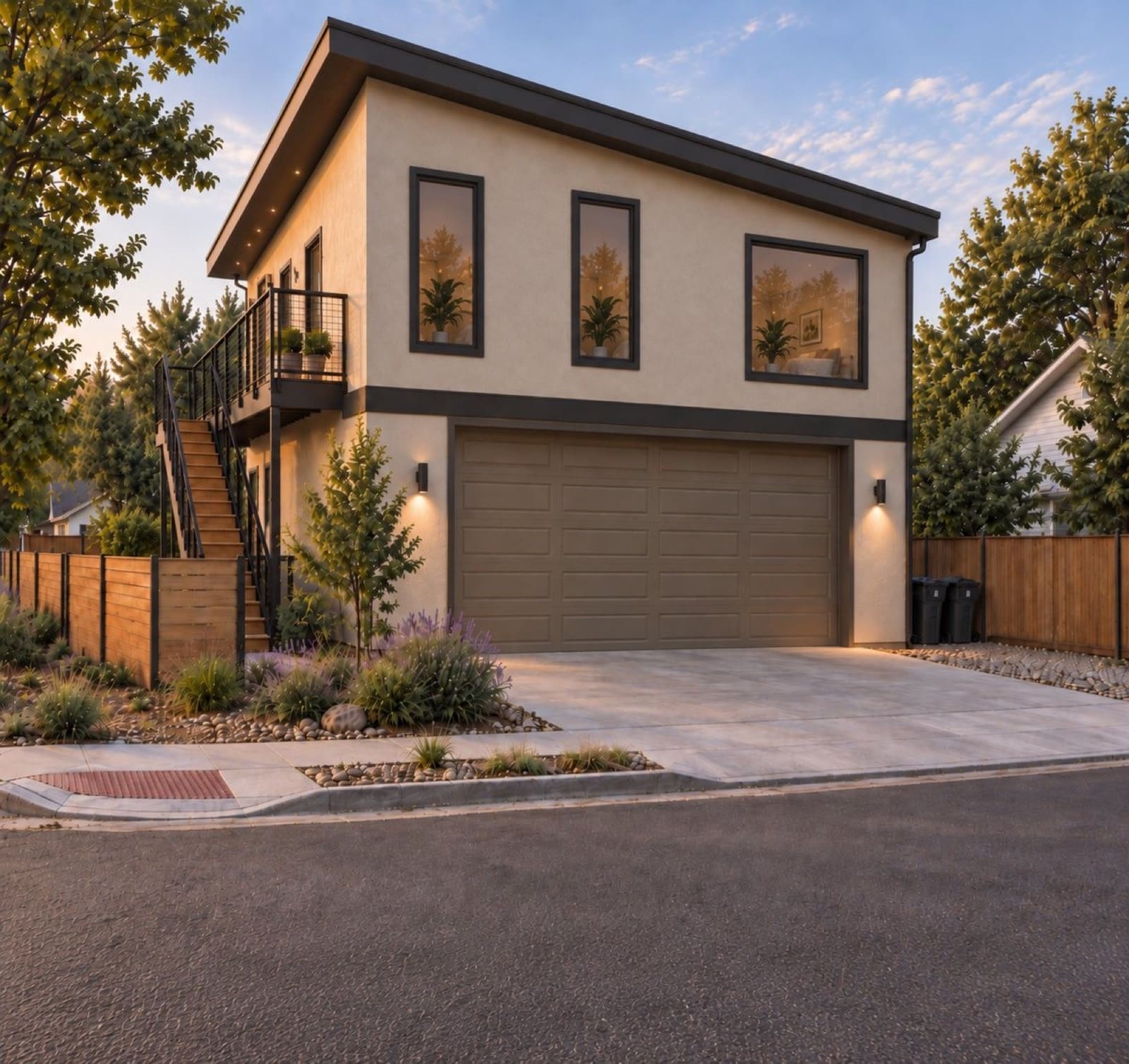 Two-story stucco unit over a single-car garage, with an exterior wood stair to a small balcony and a concrete driveway