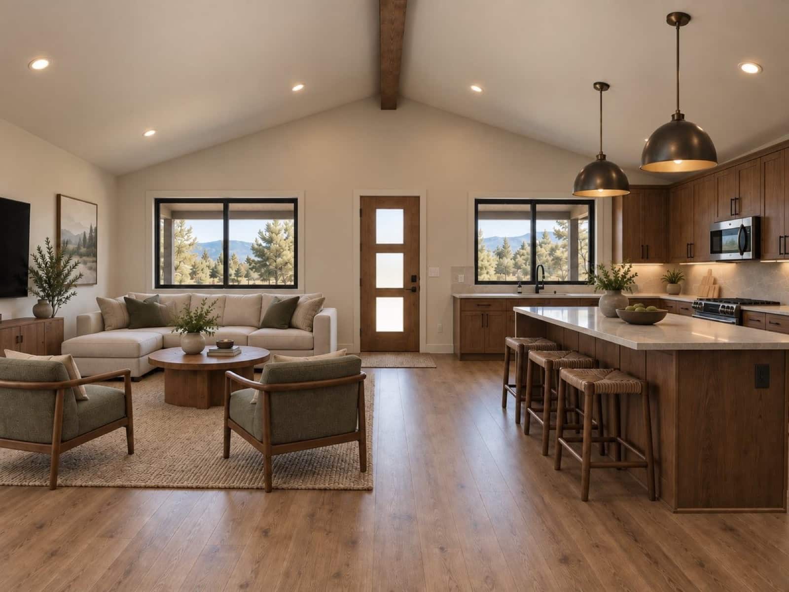 Open living room and kitchen under a vaulted ceiling, with a sectional sofa, a long wood island with woven stools and a front door between two windows